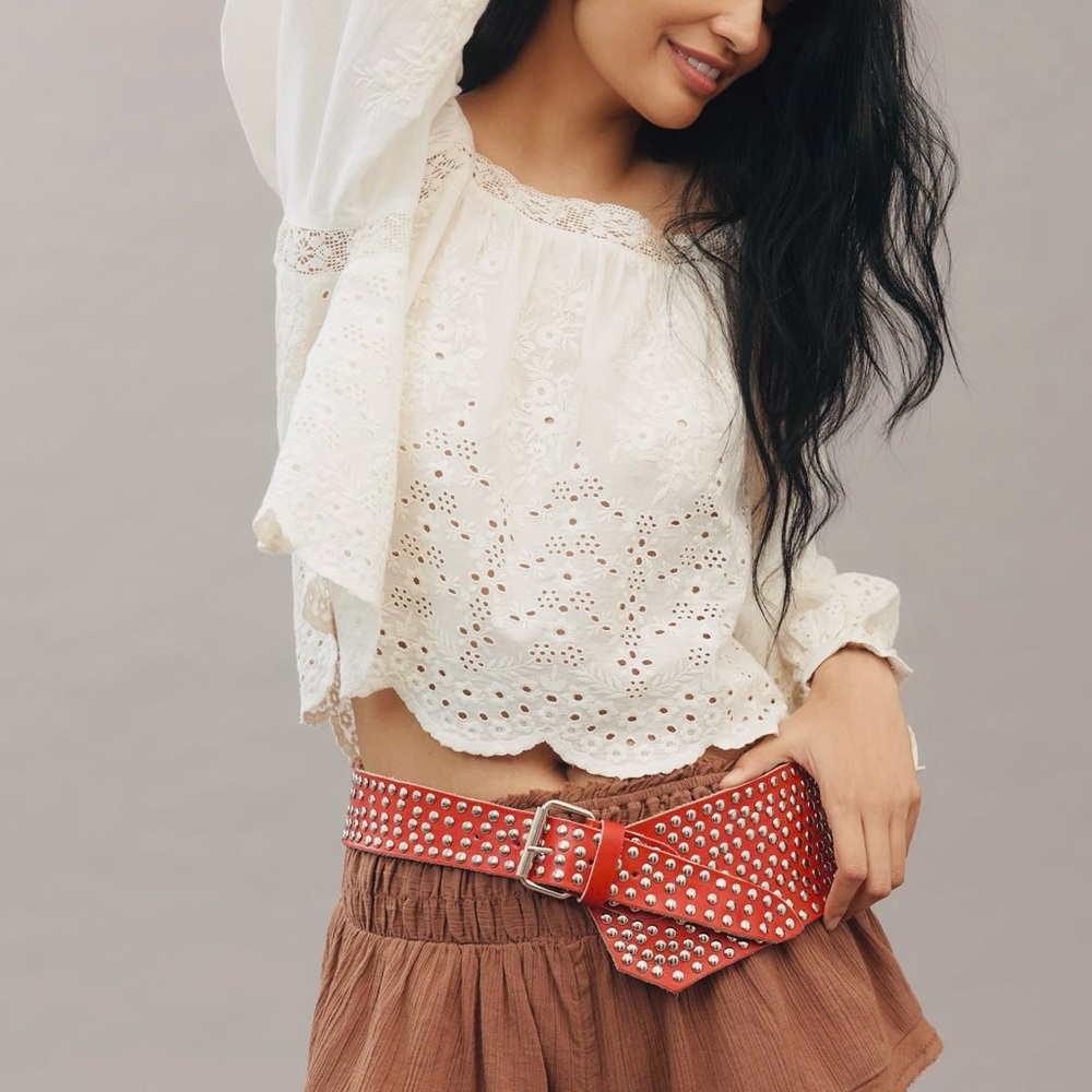 Z & L Ibiza Studded Leather Belt in Red w/ silver. Anthropologie & Free People - Picture 2 of 6